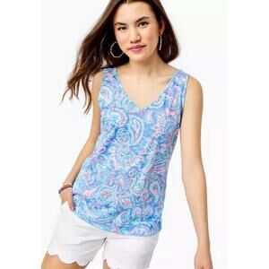Lilly Pulitzer Gigi Tank Top Zanzibar Blue Fish Kiss Pink Small